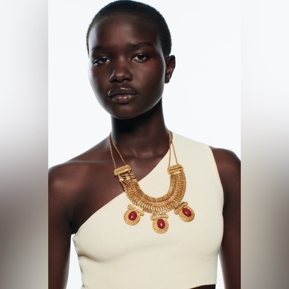 NWT. Zara Golden Metal Necklace with Stone Appliqués. - Picture 4 of 7